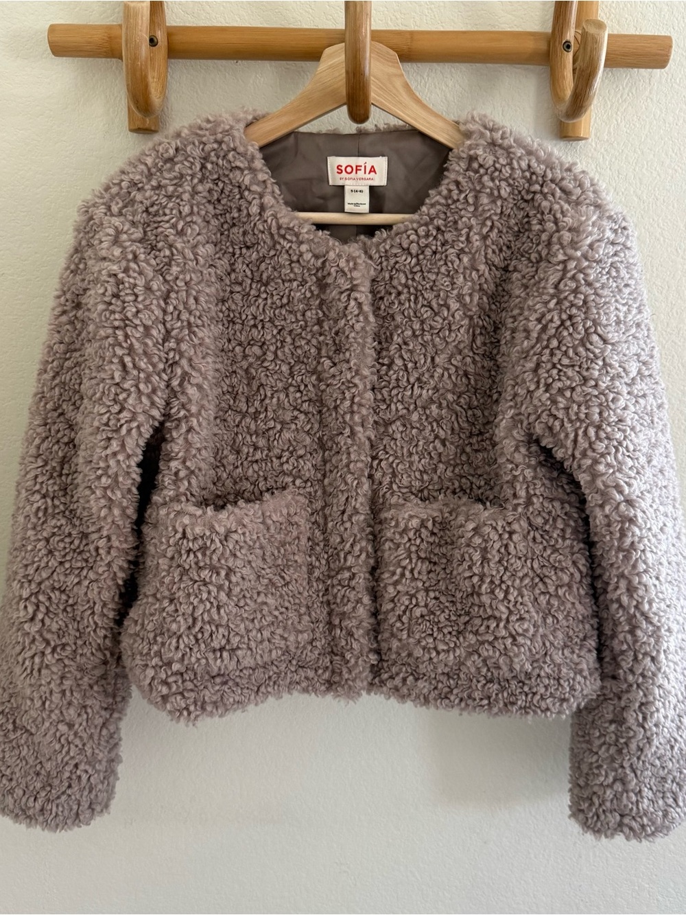 Y2K taupe cropped Sherpa teddy jacket in size S